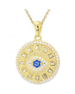 Cubic Zirconia & Lab-Created Blue Spinel (1/20 ct. t.w.) Evil Eye Disc 18" Pendant Necklace in 14k Gold-Plated Sterling Silver