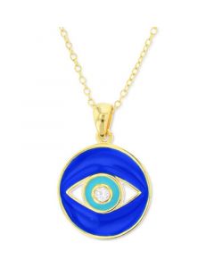 Cubic Zirconia & Enamel Evil Eye Disc Pendant Necklace in 14k Gold-Plated Sterling Silver, 16" + 2" extender