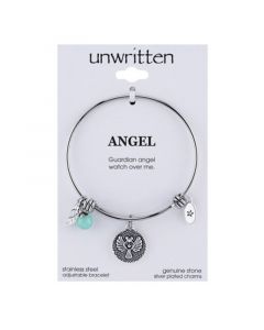 Angel Charm and Amazonite (8mm) Bangle Bracelet in Stainless Steel with Silver Plated Charms