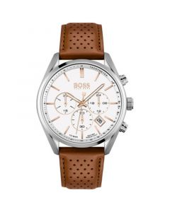 Men's Chronograph Champion Brown Perforated Leather Strap Watch 44mm