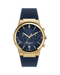 Men's Swiss Chronograph Ferragamo Sapphire Blue Silicone Strap Watch 41mm