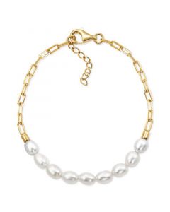 Cultured Freshwater Pearl (5-5-1/2mm) Paperclip Link Bracelet in 14k Gold-Plated Sterling Silver