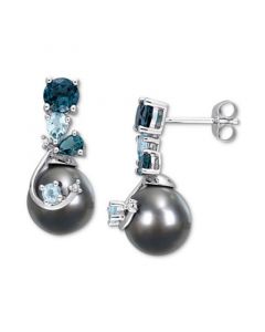 Cultured Tahitian Pearl (9mm) & Blue Topaz (2 ct. t.w.), & Diamond Accent Drop Earrings in 14k White Gold