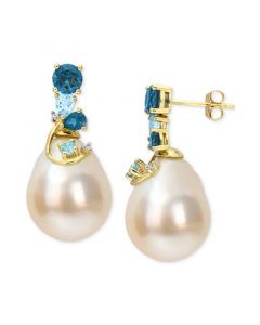 Cultured South Sea Pearl (9-10mm) & Blue Topaz (2 ct. t.w.), & Diamond Accent Drop Earrings in 14k Gold