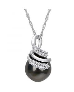 Cultured Tahitian Pearl (9mm) & Diamond (1/10 ct. t.w.) Swirl 17" Pendant Necklace in 14k White Gold