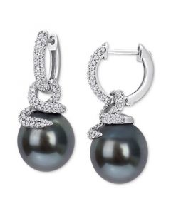 Cultured Tahitian Pearl (10-11mm) & Diamond (1/2 ct. t.w.) Coiled Huggie Hoop Earrings in 14k White Gold