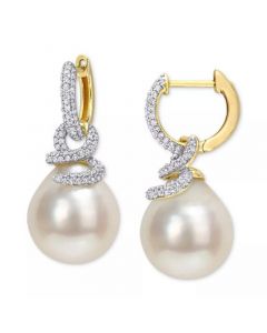 Cultured South Sea Pearl (10mm) & Diamond (1/2 ct. t.w.) Swirl Huggie Hoop Earrings in 14k Gold