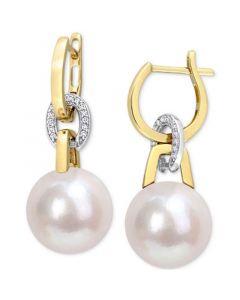 Cultured South Sea Pearl (11mm) & Diamond (1/10 ct. t.w.) Linked Huggie Hoop Earrings in 14k Gold & White Gold