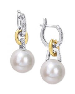 Cultured Freshwater Pearl (11mm) & Diamond (1/10 ct. t.w.) Huggie Hoop Earrings in 14k Gold & White Gold