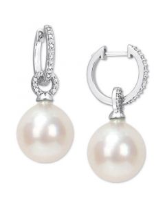 Cultured South Sea Pearl (12mm) & Diamond (1/10 ct. t.w.) Huggie Hoop Earrings in 14k White Gold