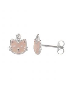 Women's Sterling Silver Enamel Kitty Stud Earrings with Crystal Stone