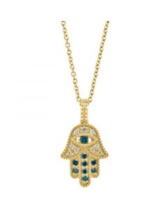 EFFY® Blue & White Diamond Hamsa Hand 18" Pendant Necklace (1/5 ct. t.w.) in 14k Gold