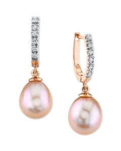 Cultured Pink Freshwater Pearl (9mm) & Diamond (1/5 ct. t.w.) Hoop Dangle Drop Earrings in 14k Rose Gold