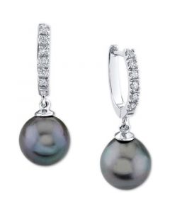 Cultured Golden South Sea Pearl (9mm) & Diamond (1/5 ct. t.w.) Hoop Dangle Drop Earrings in 14k Gold