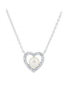 Cultured Freshwater Pearl (5-1/2mm) & White Topaz (1/3 ct. t.w.) Heart 18" Pendant Necklace in Sterling Silver