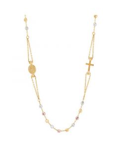 Cross & Medallion 17-1/2" Rosary Necklace in 10k Tricolor Gold