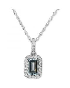 Aquamarine (1/2 ct. t.w.) & Diamond (1/10 ct. t.w.) Rectangle Pendant Necklace in 14k White Gold, 16" + 2" extender