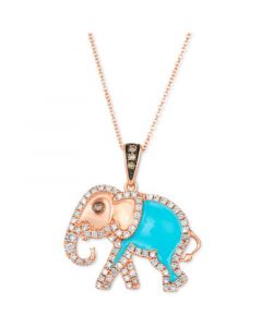 Turquoise Enamel & Diamond (5/8 ct. t.w.) 18" Elephant Pendant Necklace in 14k Rose Gold