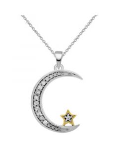 Diamond Moon & Star 18" Pendant Necklace (1/10 ct. t.w.) in Sterling Silver & 14k Gold-Plate