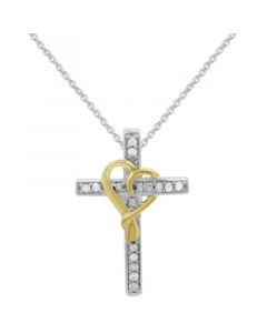 Diamond Cross & Heart 18" Pendant Necklace (1/10 ct. t.w.) in Sterling Silver & 14k Gold-Plate