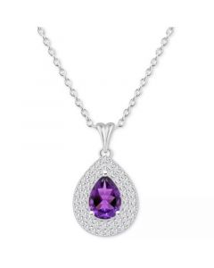 Rhodolite Garnet (1-1/10 ct. t.w.) & White Topaz (1/2 ct. t.w.) Pear Halo 18" Pendant Necklace in Sterling Silver (Also in Citrine, Peridot, Amethyst, & Blue Topaz)