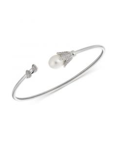 Cultured Freshwater Pearl (8mm) & Cubic Zirconia Cuff Bangle Bracelet in Sterling Silver