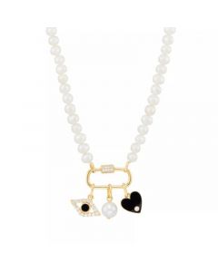 Cultured Freshwater Pearl (4mm & 7mm) & Cubic Zirconia Carabiner Charm 18" Statement Necklace