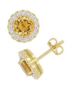 Citrine (1-1/2 ct. t.w.) & Diamond (1/10 ct. t.w.) Halo Stud Earrings in 18k Gold-Plated Sterling Silver