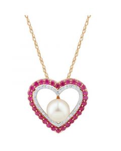 Cultured Freshwater Pearl (7mm), Ruby (5/8 ct. t.w.) & Diamond (1/10 ct. t.w.) Heart 18" Pendant Necklace in 14k Gold