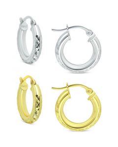 2-Pc. Set Textured Small Huggie Hoop Earrings in Sterling Silver & 18k Gold-Plate, 15mm