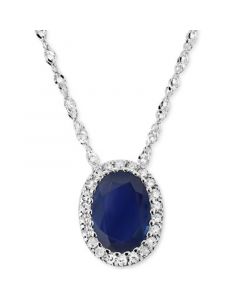 Sapphire (7/8 ct. t.w.) & Diamond (1/20 ct. t.w.) Oval Halo Pendant Necklace in 14k White Gold, 16" + 2" extender