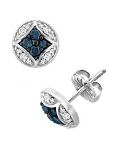 Blue Diamond (1/3 ct. t.w.) & White Diamond (1/6 ct. t.w.) Cluster Stud Earrings in Sterling Silver