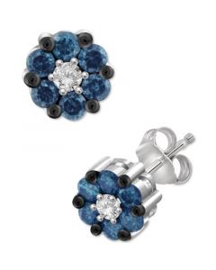 Blue Diamond (3/8 ct. t.w.) & White Diamond (1/20 ct. t.w.) Flower Stud Earrings in Sterling Silver