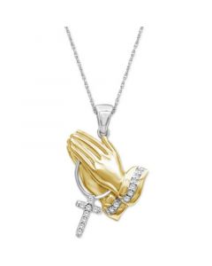 Diamond Praying Hands & Cross 18" Pendant Neckalce (1/10 ct. t.w.) in Sterling Silver & 14k Gold-Plate