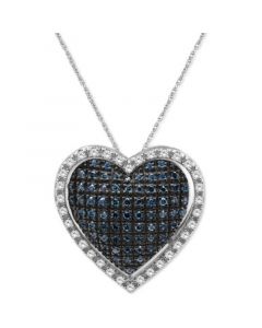 Blue Diamond (5/8 ct. t.w.) & White Diamond (3/8 ct. t.w.) Heart Halo 18" Pendant Necklace in Sterling Silver