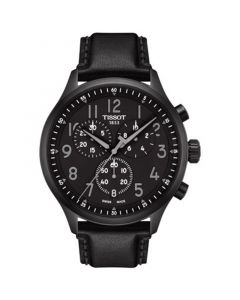 Men's Swiss Chronograph XL Vintage Black Leather Strap Watch 45mm