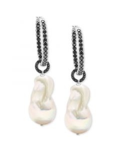 Cultured Freshwater Baroque Pearl (13-15mm) & Black Spinel (2-3/4 ct. t.w.) Dangle Hoop Earrings in Sterling Silver