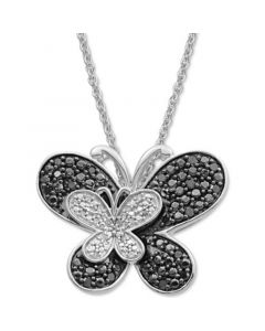 Black Diamond (1/6 ct. t.w.) & White Diamond Accent Double Butterfly Pendant Necklace in Sterling Silver, 16" + 2" extender