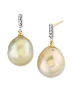 Cultured Golden South Sea Baroque Pearl (11mm) & Diamond Accent Drop Earrings in 10k Gold