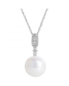 Cultured Freshwater Pearl (10mm) & Diamond (1/6 ct. t.w.) Pendant Necklace in 14k White Gold, 16" + 2" extender