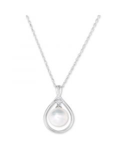 Cultured Freshwater Pearl (9mm) & Diamond (1/20 ct. t.w.) Pendant Necklace in 14k White Gold, 16" + 2" extender