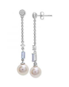 Cultured Freshwater Pearl (7mm), Blue Topaz (1/3 ct. tw.) & Lab-Created White Sapphire Accent Chain Drop Earrings in Sterling Silver