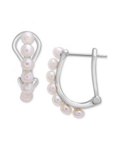 Cultured Freshwater Button Pearl (4mm) Leverback Hoop Earrings in Sterling Silver