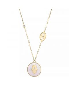 Mother-of-Pearl (10mm) & Cubic Zirconia Hamsa Hand & Evil Eye Pendant Necklace in 14k Gold-Plated Sterling Silver, 16" + 2" extender