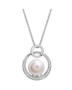 Cultured Freshwater Pearl (8mm) & Diamond (1/10ct. tw.) Double Circle 18" Pendant Necklace in Sterling Silver