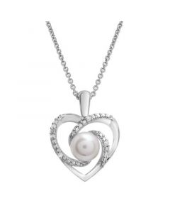 Cultured Freshwater Pearl (6mm) & Diamond Accent Swirl Heart 18" Pendant Necklace in Sterling Silver