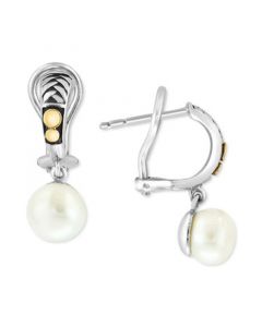 EFFY® Cultured Freshwater Pearl (8mm) Dangle Hoop Earrings in Sterling Silver & 18k Gold