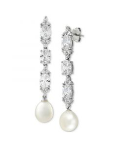 Cultured Freshwater Pearl (8-1/2mm) & Cubic Zirconia Linear Drop Earrings in Sterling Silver