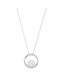 Cultured Freshwater Pearl (9mm) & Diamond (1/10 ct. t.w.) Circle 18" Pendant Necklace in 14k White Gold