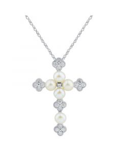 Cultured Freshwater Pearl (3-1/2 - 4mm) & Diamond (1/5 ct. t.w.) 18" Cross Pendant Necklace in 14k White Gold